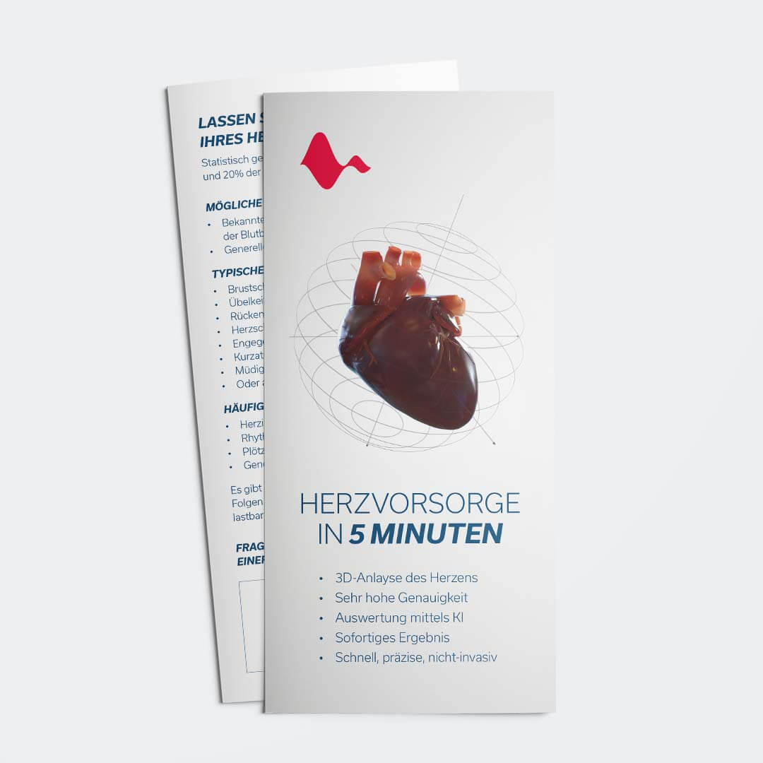 Flyer „Herzvorsorge in 5 Minuten mit Abb. 3D Herz“ mit Praxis-Stempelfeld (100 Stück)